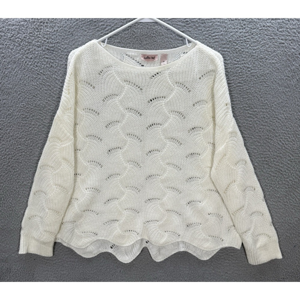 Willow‎ & Root Sweater Womens Small White Knit Boxy Cut Scallop Hem Pullover